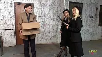 Play Two blonde milf police officers arrest a guy and take him to the back alley for a threesome