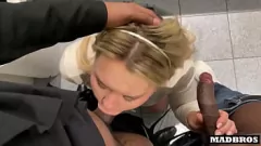 Play Busty Blonde Secretary Engulfed in Interracial Threesome Elevator Encounter